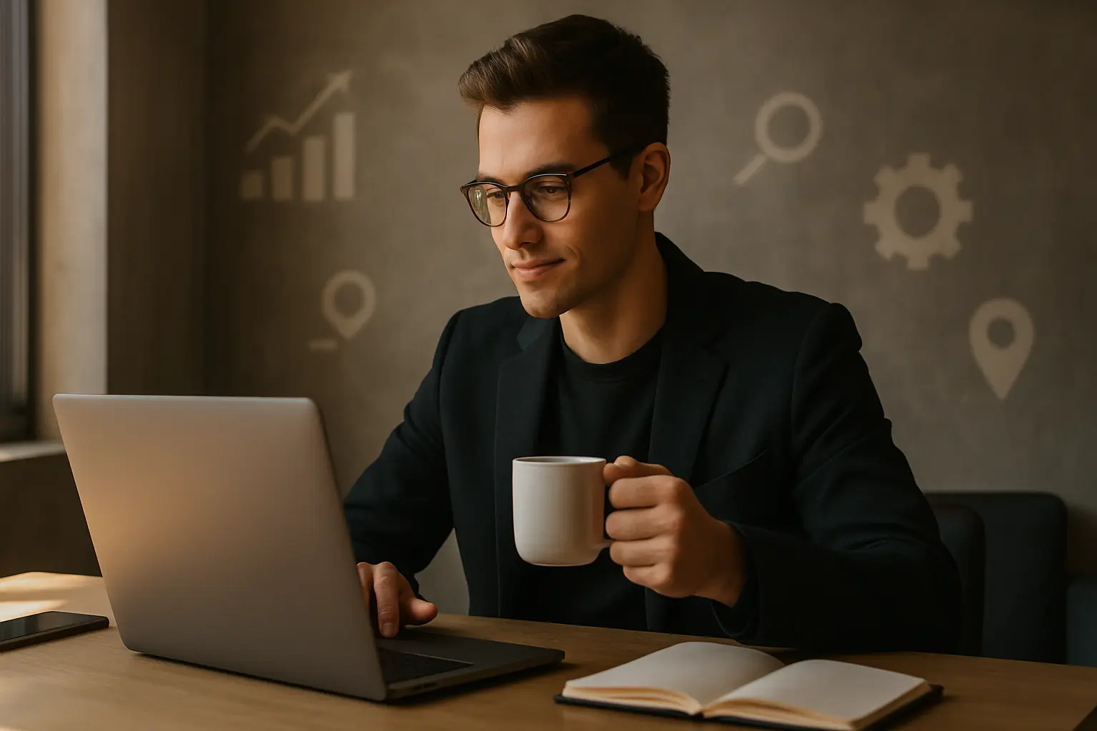 A young professional focused on digital marketing strategies, working on a laptop with a coffee cup at a clean, modern desk in a minimalist urban workspace, bathed in warm natural light.