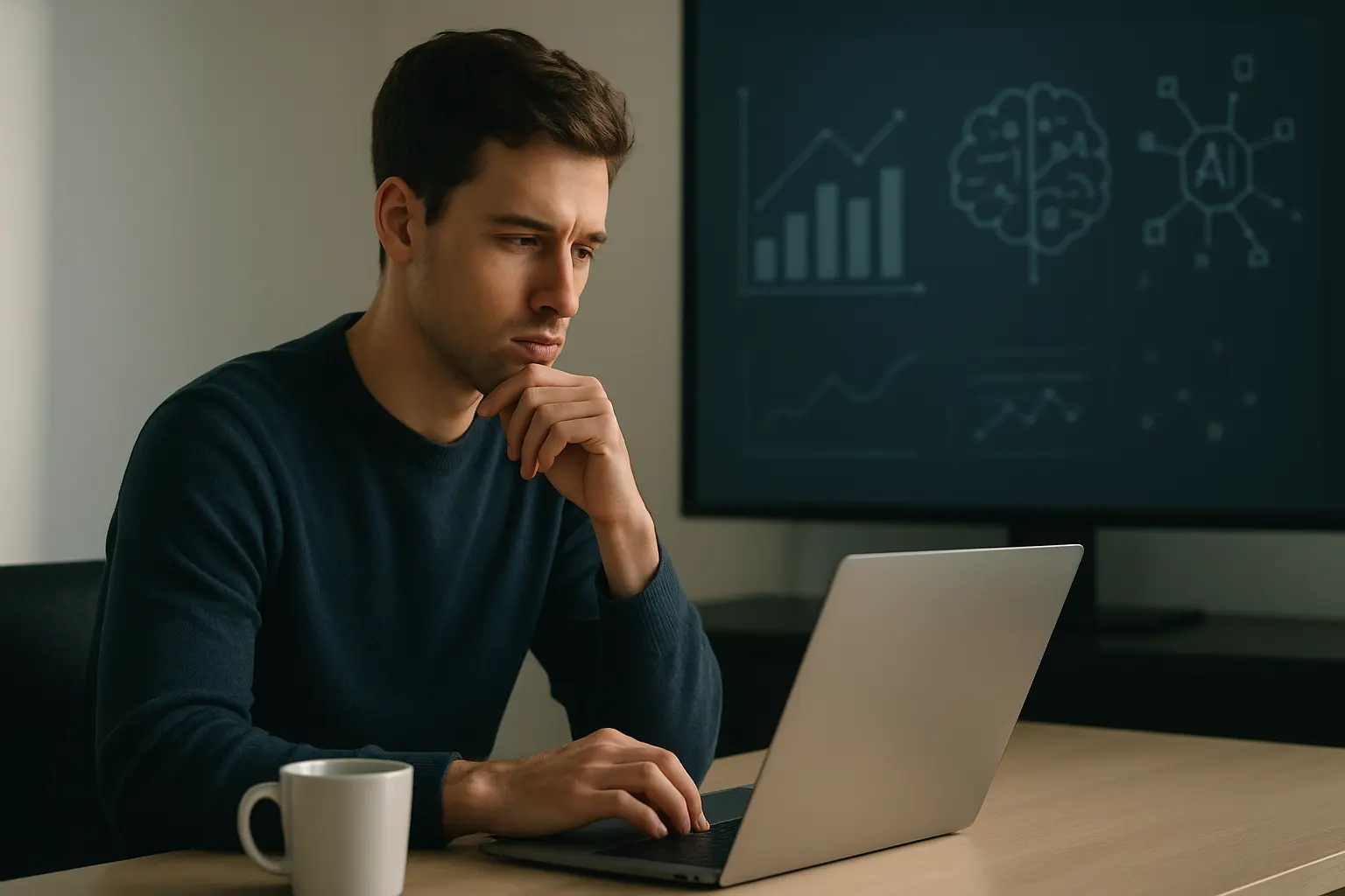 Young professional thoughtfully working at a modern desk with laptop and coffee, symbolizing AI-driven digital marketing transformation.