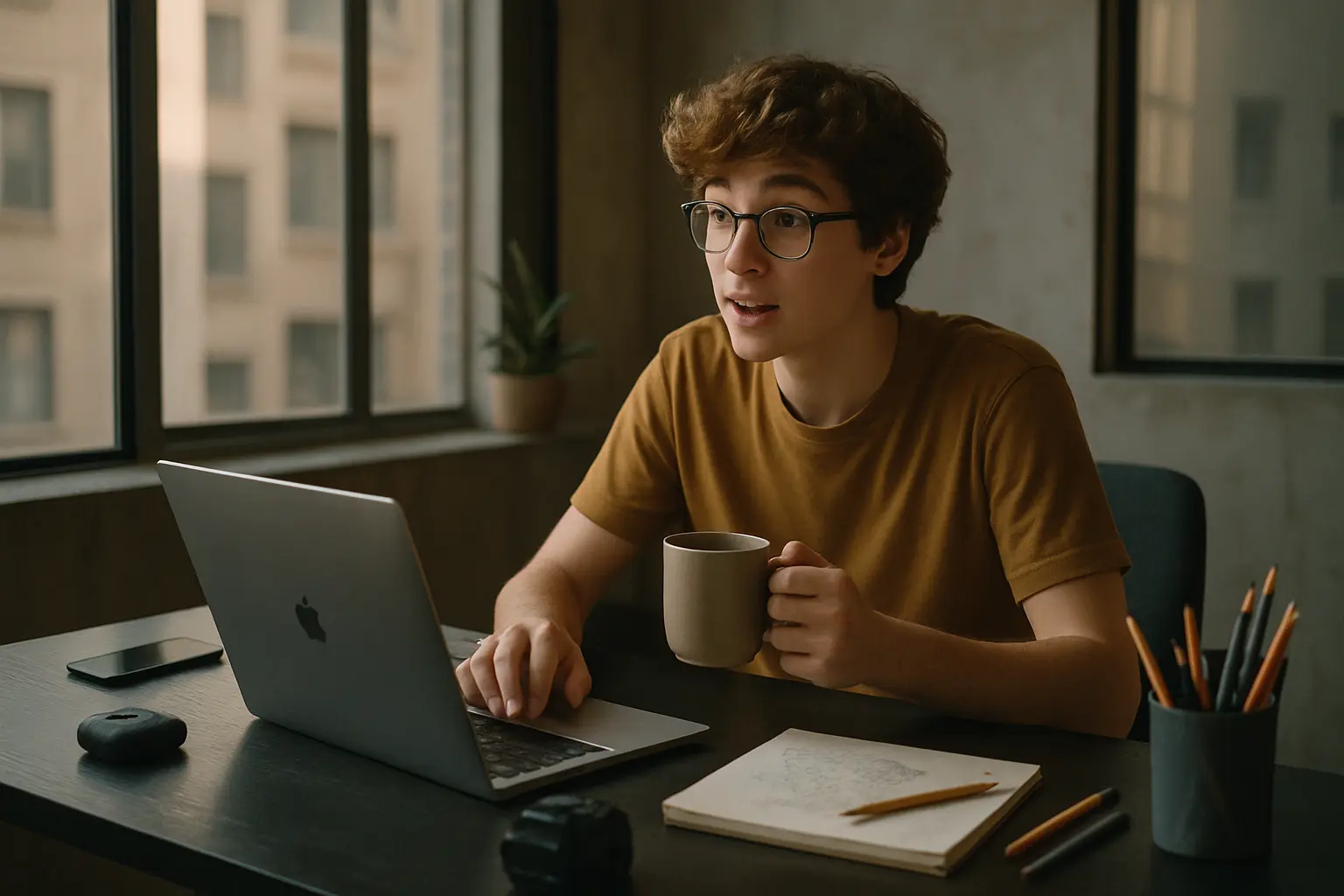 A young person sitting at a modern desk with a laptop and coffee, engaged in deep thought and conversation, with soft natural light and a minimal urban background, representing creativity and social media strategy planning.